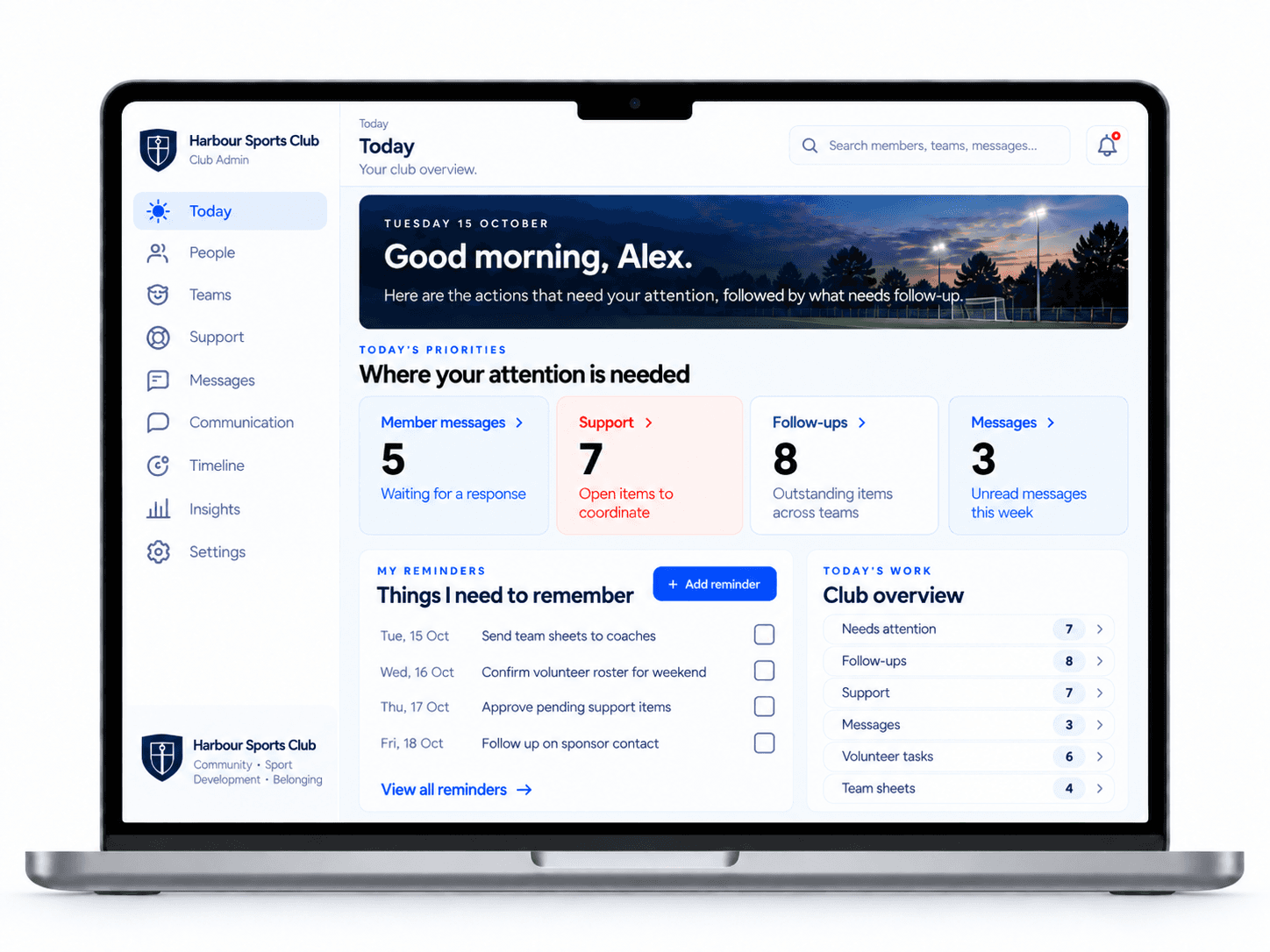MEMBER organisation desktop dashboard